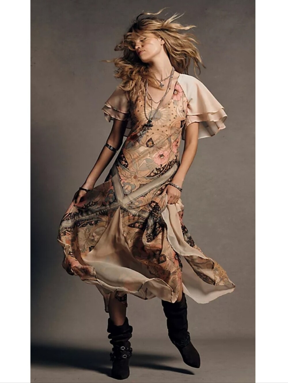 Free People Celestial Nights Chiffon Maxi Dress Fairy Combo Pastel Size Small